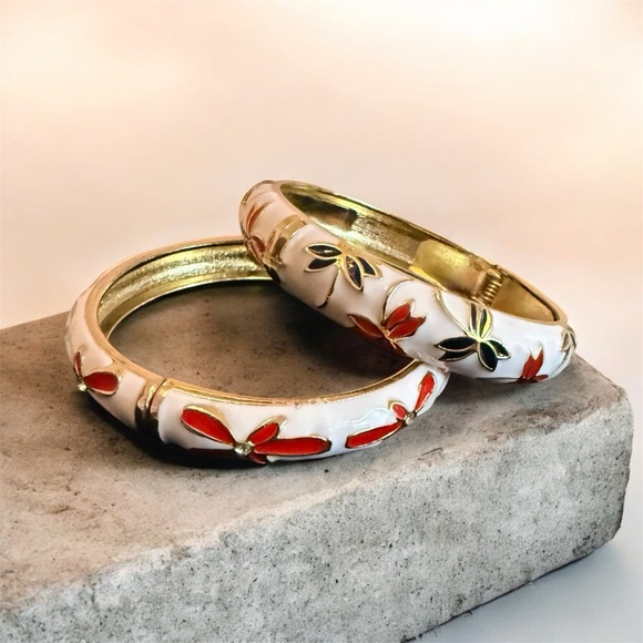enameled bangle bracelet with red plumeria flowers and rhinestone centers. 2 - Picture 3 of 6